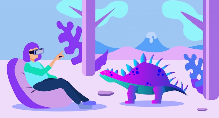 Vector  woman wearing vr glasses in mesozoic jungle