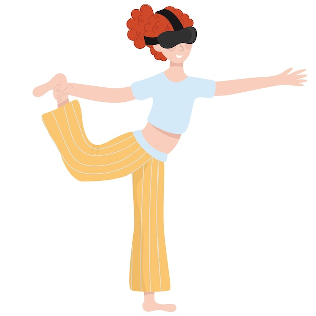 Woman wearing VR glasses for practices yoga and meditation at home. Virtual Reality Technology