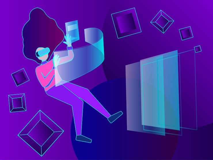 Vector woman wearing vr glasses virtual global internet connection metaverse