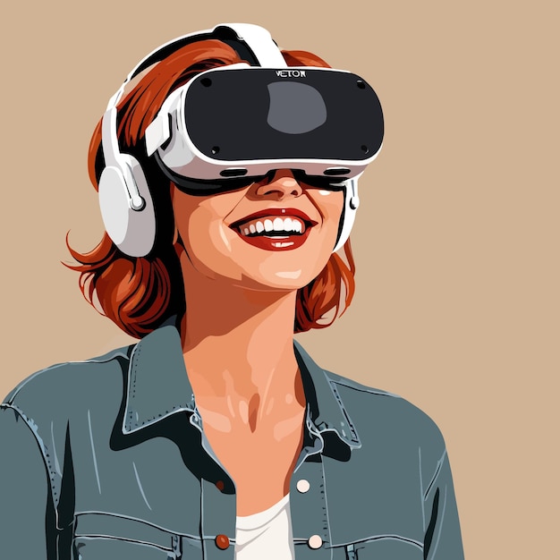 Vector woman wearing vr headset enjoying exploring virtual reality and cyberspace