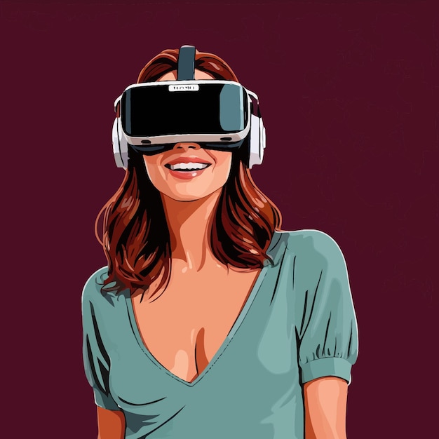 Vettore donna che indossa un auricolare vr che si diverte ad esplorare la realtà virtuale e il cyberspace