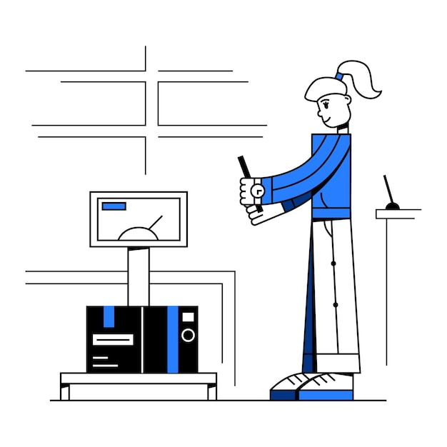 Vector woman weighs packages on scale