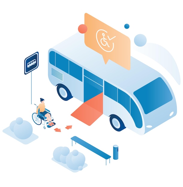 woman in wheelchair boarding city bus with access ramp public transport accessibility barrier free e...