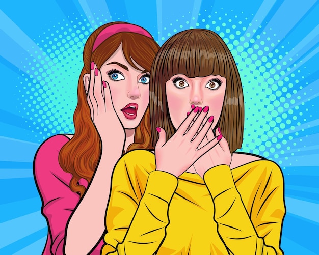 Woman whispering gossip or secret to her friend pop art comics style