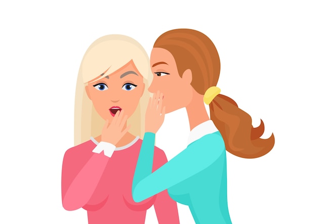 Woman whispering gossip, surprised, says rumors to other female character. Gossiping secret woman flat  illustration