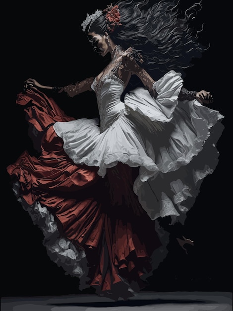 A woman in a white dress is dancing in the dark.