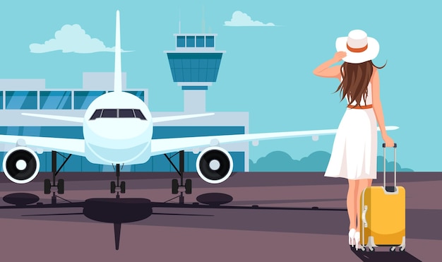 woman in white dress with suitcase at airport runway vector illustration
