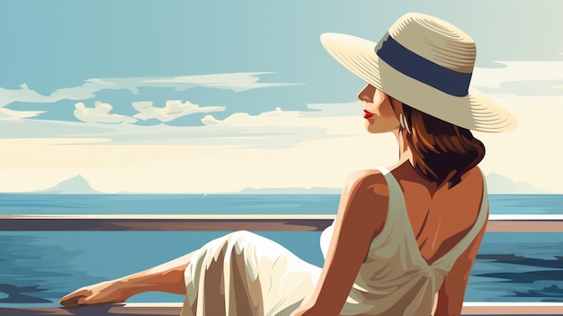 Vettore una donna con un cappello bianco si siede su una barca con un cielo blu e nuvole