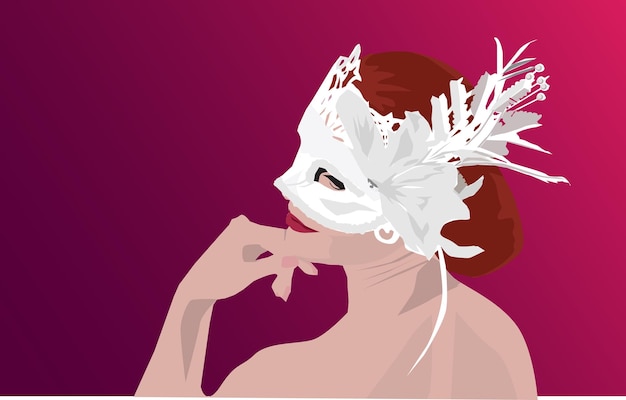 税関カーニバルで頭に羽をつけた白い仮面をかぶった女性