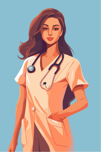 Vector a woman in a white scrubs and a stethoscope is standing in front of a blue background.