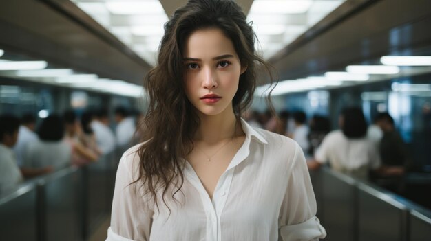 Vettore una donna in camicia bianca in piedi in un ascensore