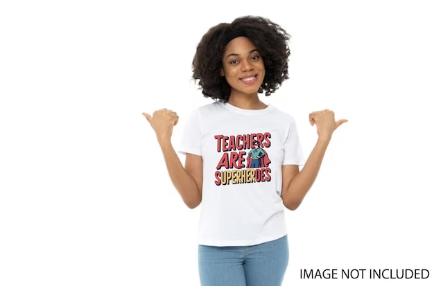 a woman in a white shirt that says teacher twirling a super hero shirt