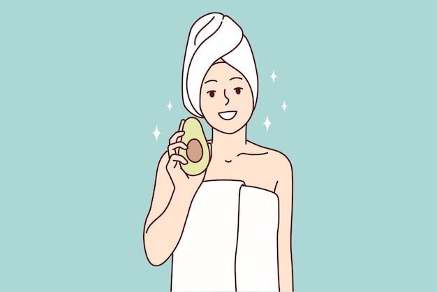 Женщина в белом полотенце после выхода из СПА рекомендует использовать авокадо для косметических масок Векторное изображение