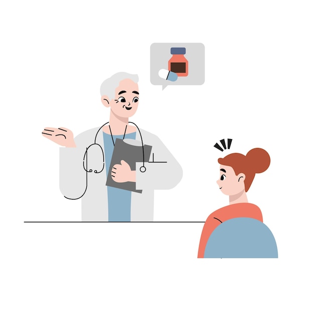 Woman who consults a doctor about pollen symptoms. Flat drawn style vector design illustrations.