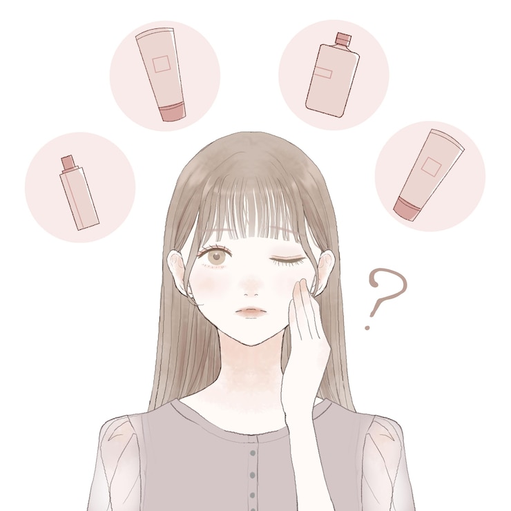 Vector どの化粧品メーカーを選ぶべきか迷っている女性。白い背景に。