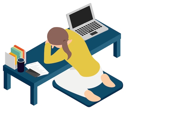 A woman who lays down on a desk and takes a nap during teleworking isometric