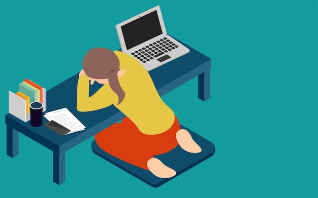 A woman who lays down on a desk and takes a nap during teleworking isometric