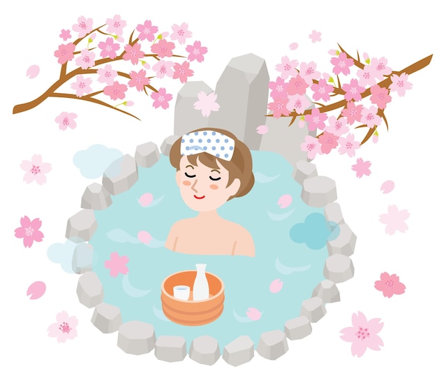 The woman who takes outdoor bath in the spring