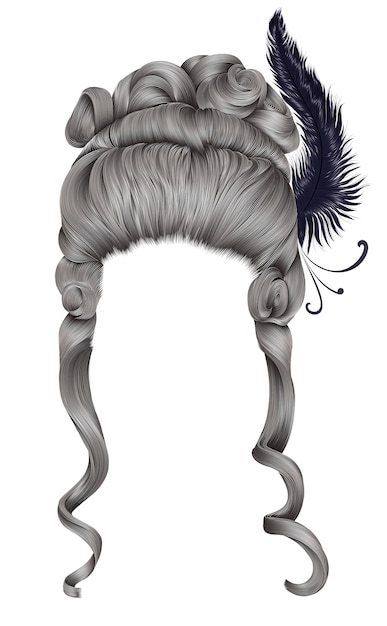 Vector woman wig  hairs curls. medieval style roccoco,baroque.high hairdress with  feather.