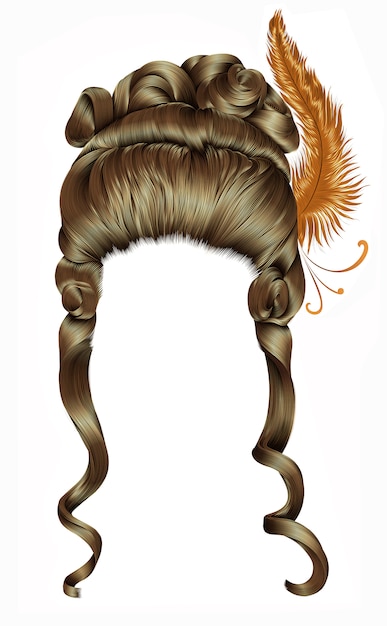 Vector woman wig  hairs curls. medieval style rococo,baroque.high hairdress with  feather.