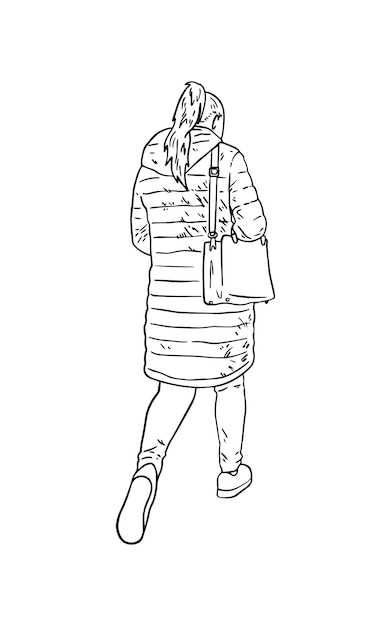 A woman in a winter demiseason jacket with a bag on her shoulder in pants with