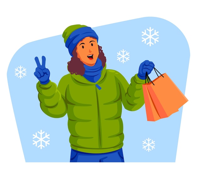 Vector woman in a winter jacket with winter hat and scarf holding shopping bags