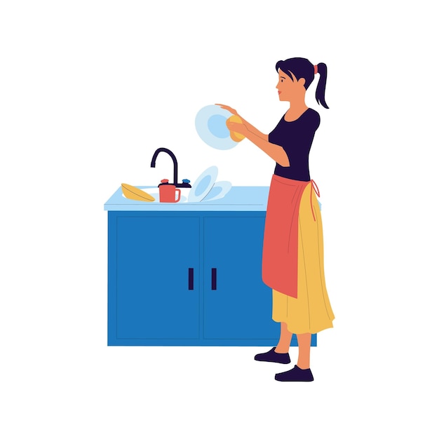 Woman wipes dishes Cartoon young female character washes crockery in sink Housewife polishes plate with towel Kitchen chores Girl cleans utensil Routine housekeeping activity Vector home cleanup