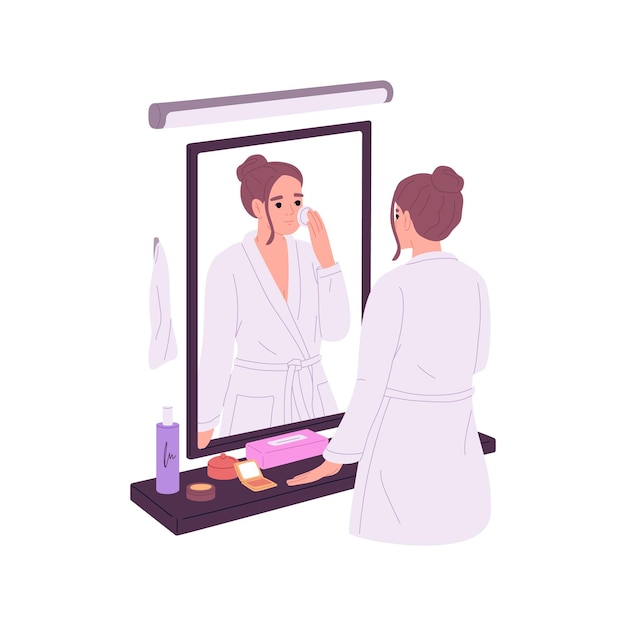 浴室の鏡でコットンパッドでフェイスメイクを拭き取る女性クレンジングローションで化粧品を取り除く毎日の美容スキンケアルーチン白い背景に分離されたフラットベクトルイラスト