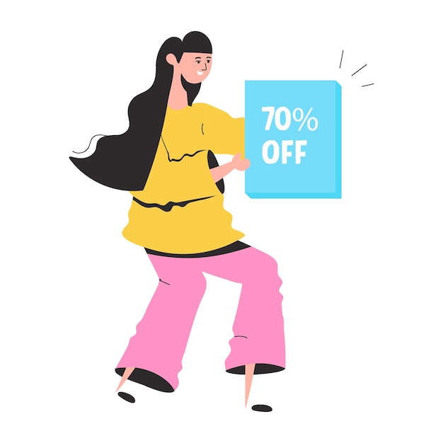 Vector a woman with a 70 % off sign