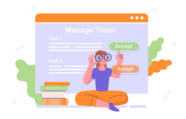 Woman with accept tasks concept Time management and organization of efficient workflow Planning and scheduling Leadership and motivation Manager at workplace Cartoon flat vector illustration