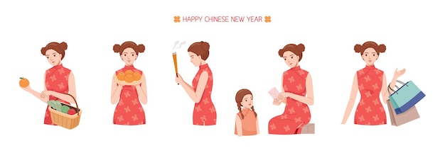 Donna con attività durante il capodanno cinese, pregando, facendo shopping, viaggiando, pagando ang pao