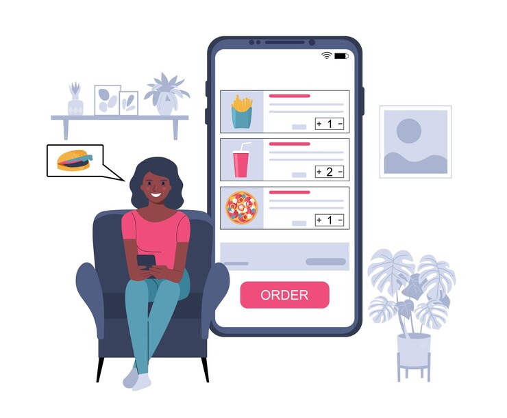 Vector a woman with an african appearance orders food through an application on a smartphone