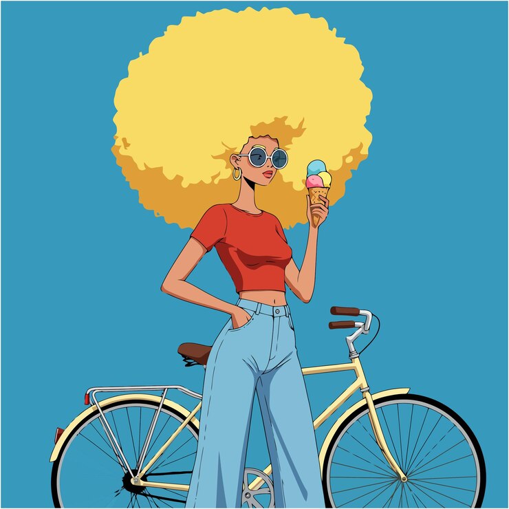 Vector woman with afro hairstyle enjoying ice cream next to bicycle