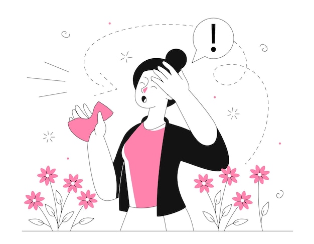 Woman with allergy pollen line Young girl sneezes from pollen from flowers Illness and disease of summer and spring season Linear flat vector illustration isolated on white background