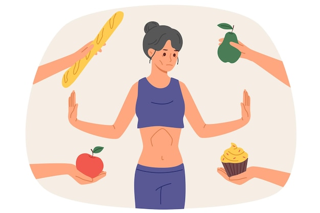 Vector woman with anorexia and dystrophy refuses to eat standing among hands with fruits and pastries