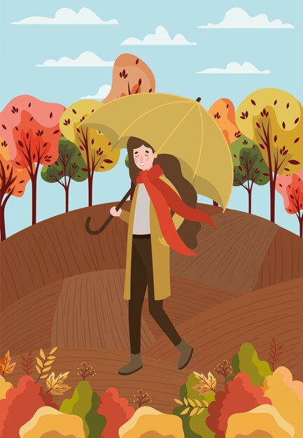 Vector woman with autumn suit and umbrella in the camp character
