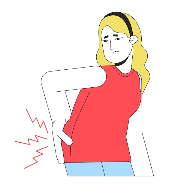 허리 통증이있는 여성 평평한 선 색상 터 캐릭터 편집 가능한 윤 반 몸 금발 여인 색 웹 그래픽 디자인을위한 간단한 만화 스 일러스트