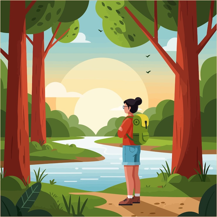 Vector woman with backpack enjoying scenic view by river in nature