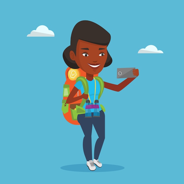 Vector woman with backpack making selfie.