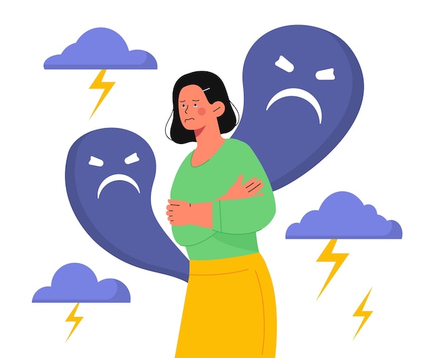 Woman with bad emotions concept Young girl near clouds with lightnings Depression and frustration sadness Psychological and mental issues Cartoon flat vector illustration