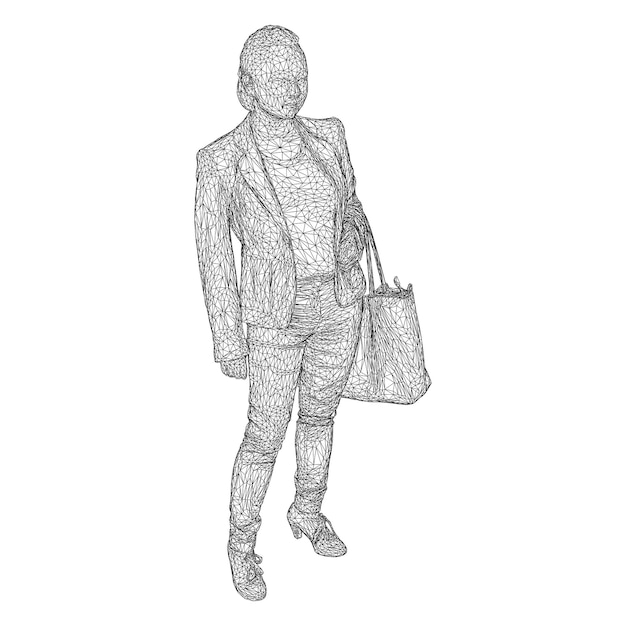 A woman with a bag on her bent hand. vector illustration of a black triangular mesh on a white background.