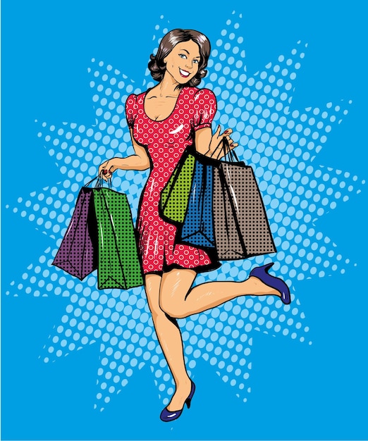 Женщина с сумками в магазине Векторная иллюстрация в стиле поп-арта комиксов Специальная распродажа предлагает рекламный плакат