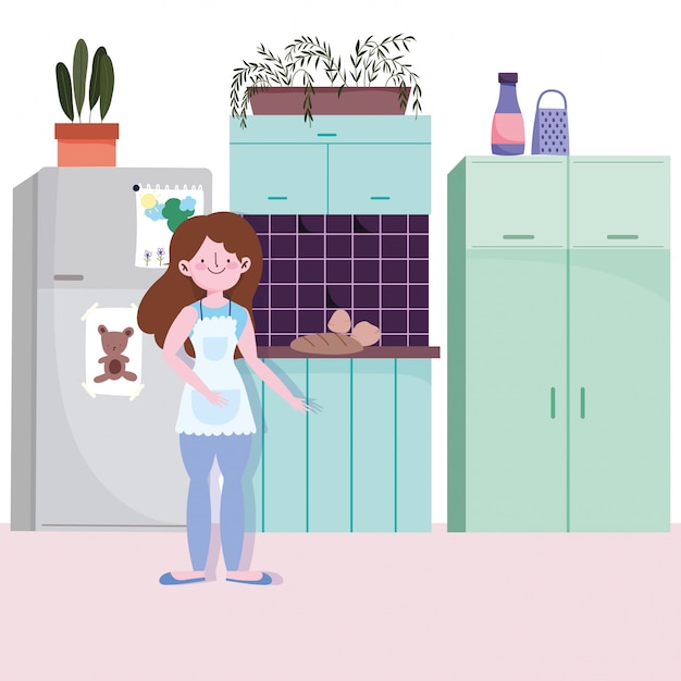 Vector woman with baked food in the kitchen