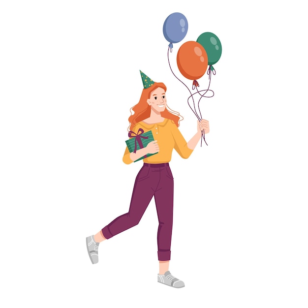 Женщина с подарком воздушные шары и шляпа идут на день рождения