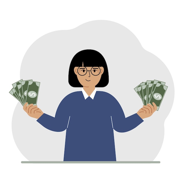 Una donna con banconote in entrambe le mani il concetto di ricchezza vector flat illustration
