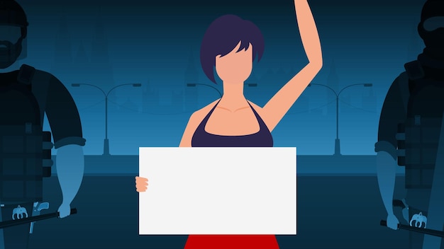 A woman with a banner on the background of the city Protest concept Vector illustration