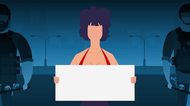 Vector a woman with a banner on the background of the city protest concept vector illustration