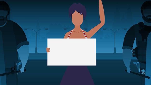 A woman with a banner on the background of the city Protest concept Vector illustration
