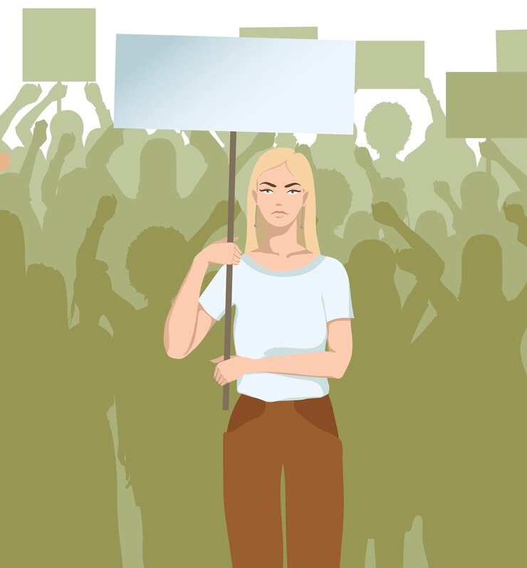 Vector a woman with banner participating in the female march fighting for their rights vector illustration
