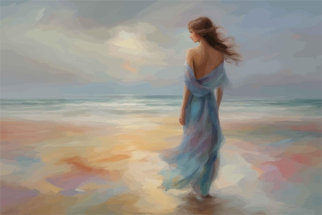 Donna con un bel tramonto sulla spiaggia pittura digitale arte pittura artistica donna con una bellezza